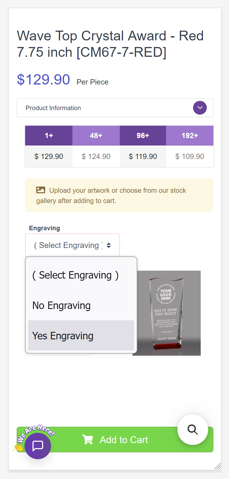 Engraving dropdown for a graphic award