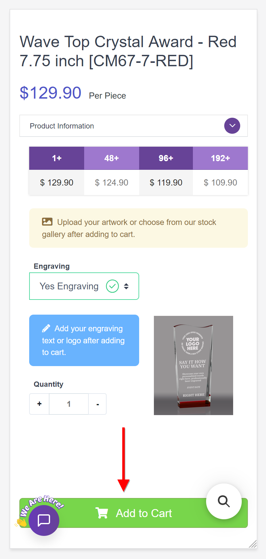Yes Engraving selected with Add to Cart