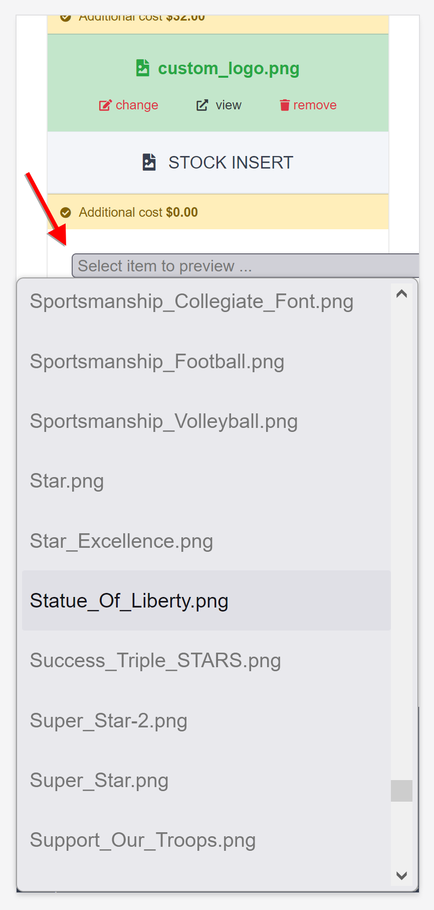 Stock insert dropdown open