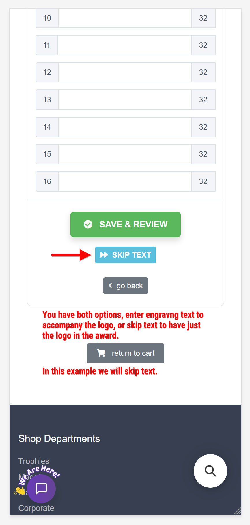 Save and Review or Skip Text buttons