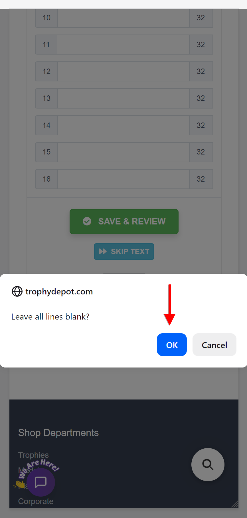 Leave all lines blank dialog with OK