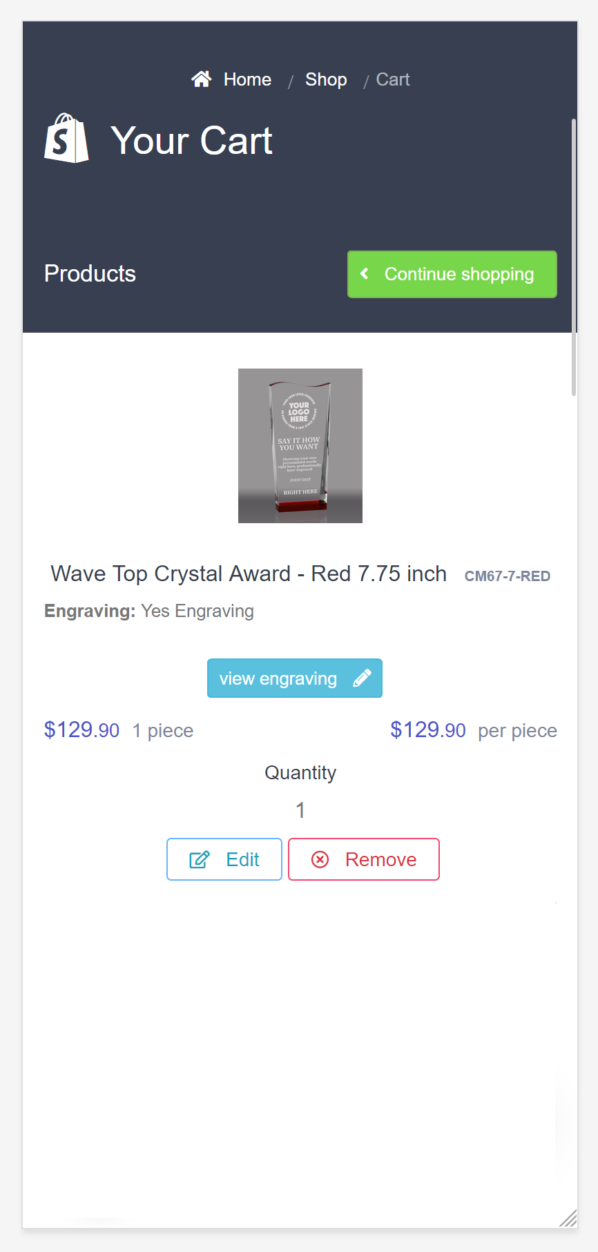 Cart showing Engraving Yes Engraving