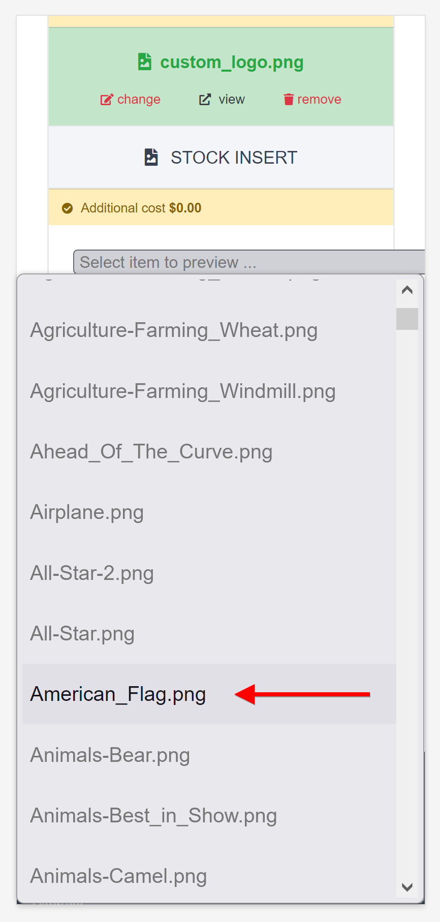 New stock insert selected in dropdown
