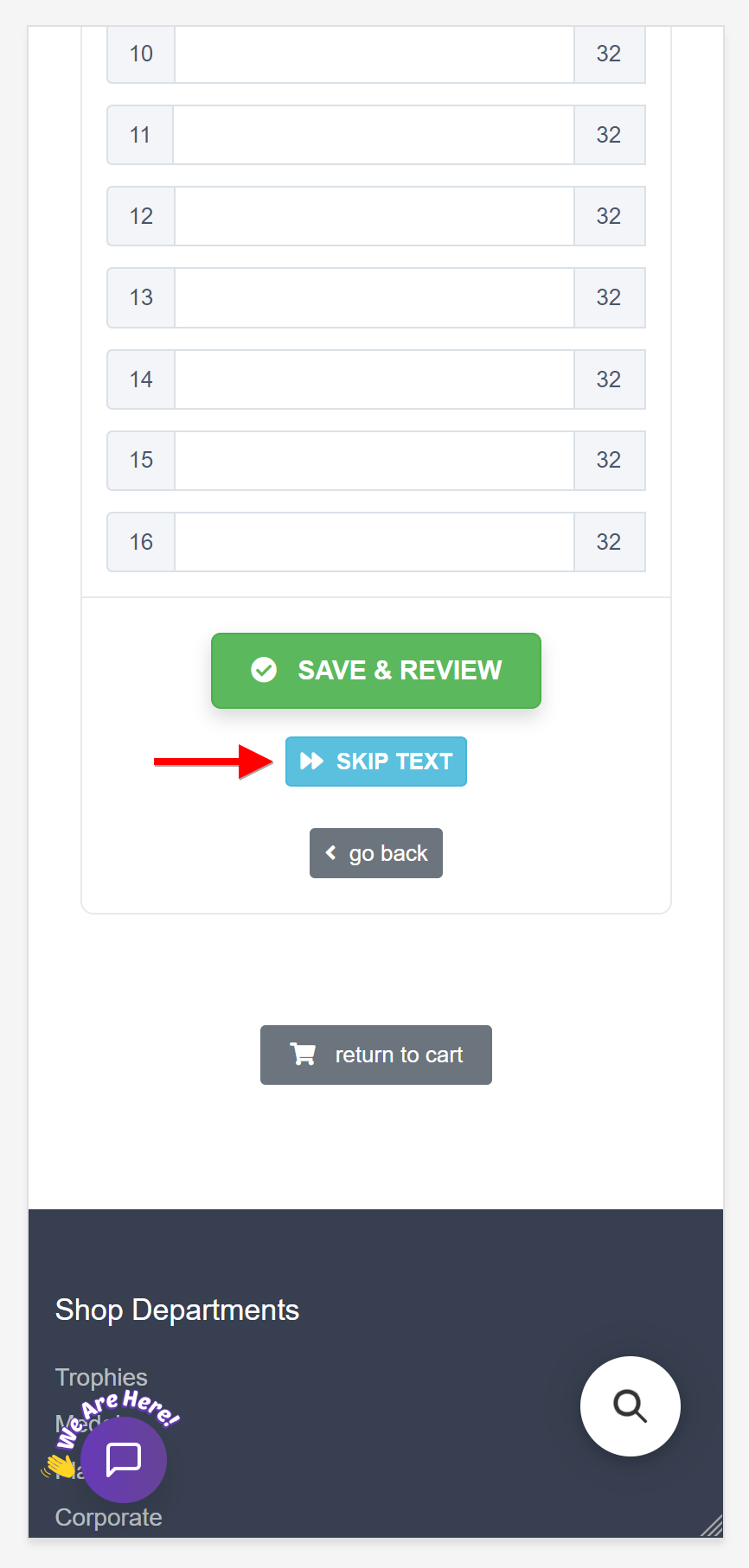 Save and Review or Skip Text buttons
