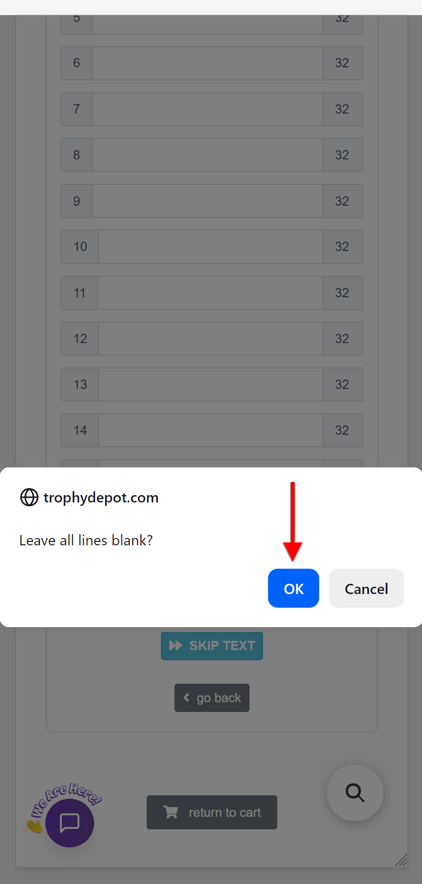 Leave all lines blank dialog with OK