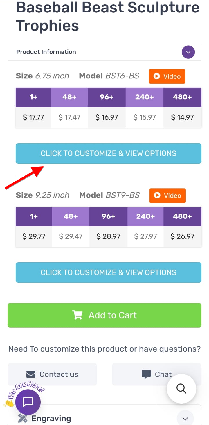 Group page listing two sizes