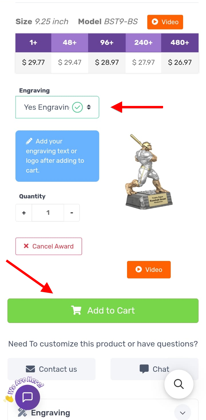 Second size with Yes Engraving and Add to Cart