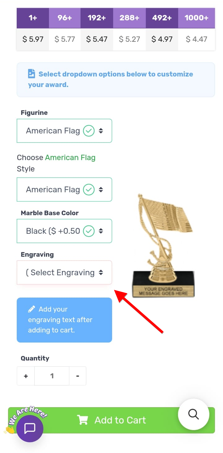 Product page Engraving dropdown