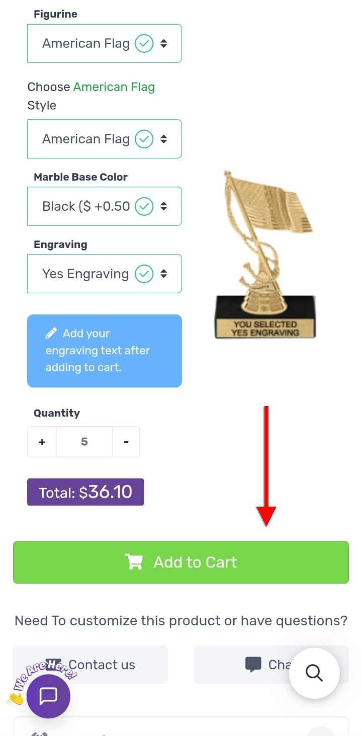 Product page with Yes Engraving selected and Add to Cart