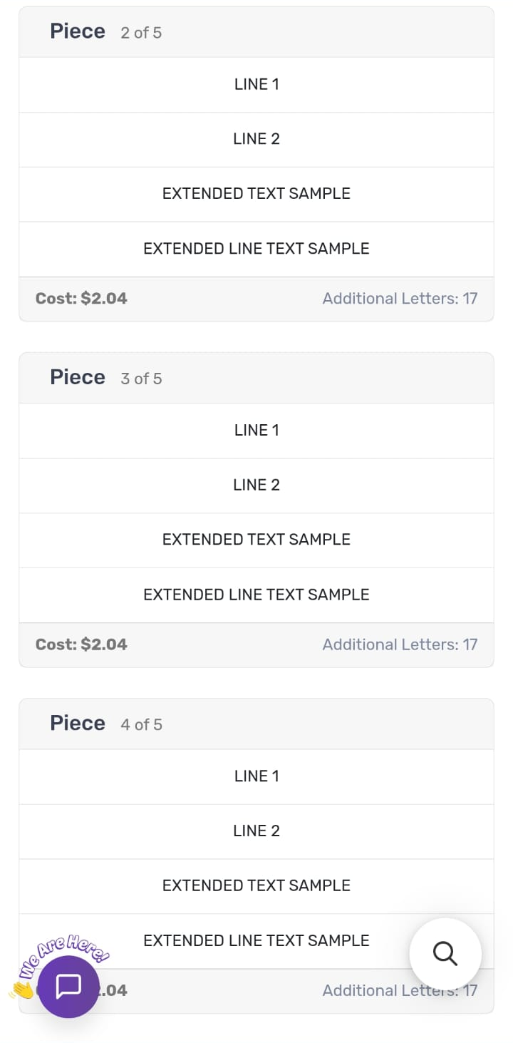 Review grid showing the same text on every piece