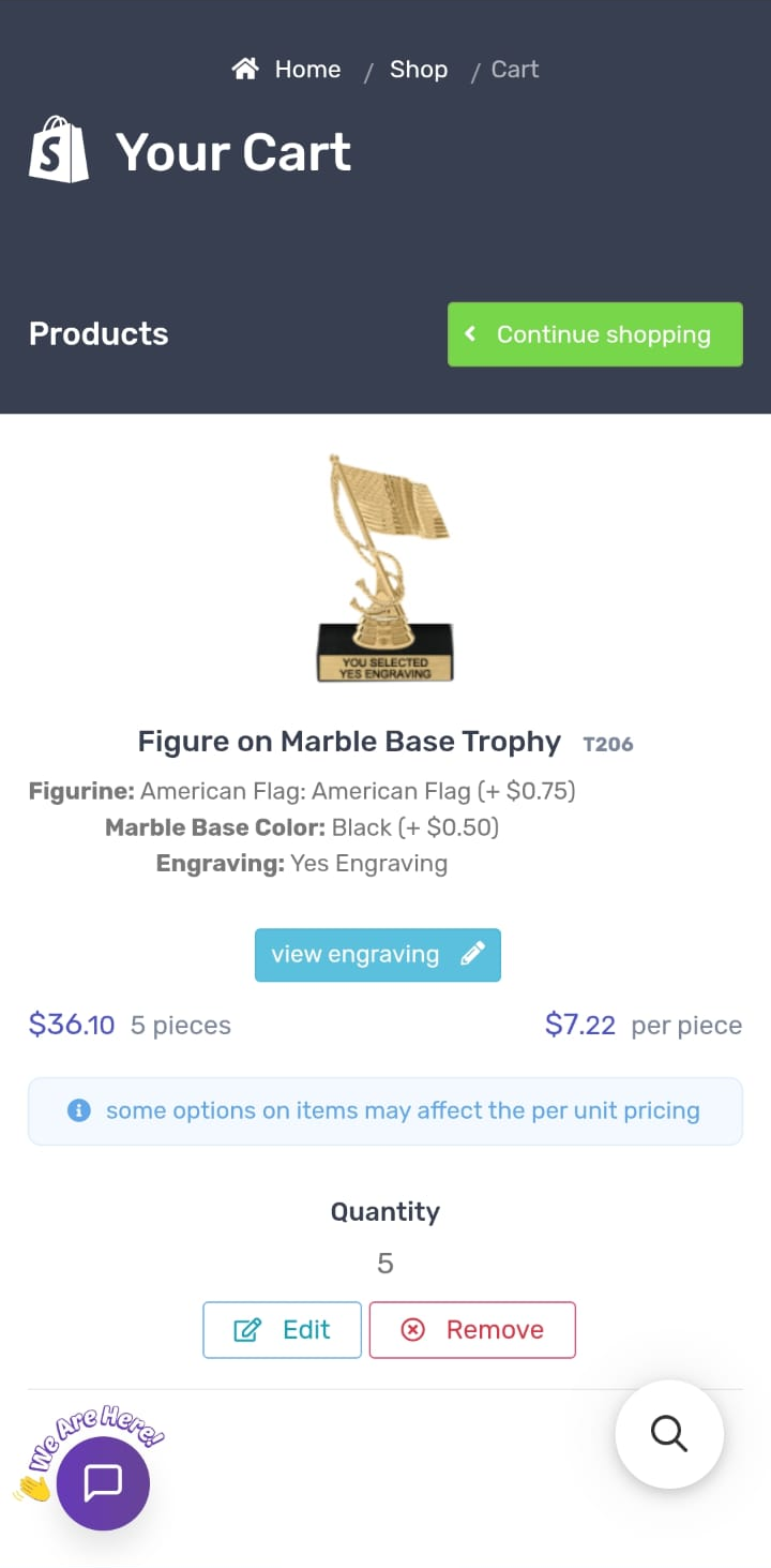 Cart showing Engraving Yes Engraving with view engraving