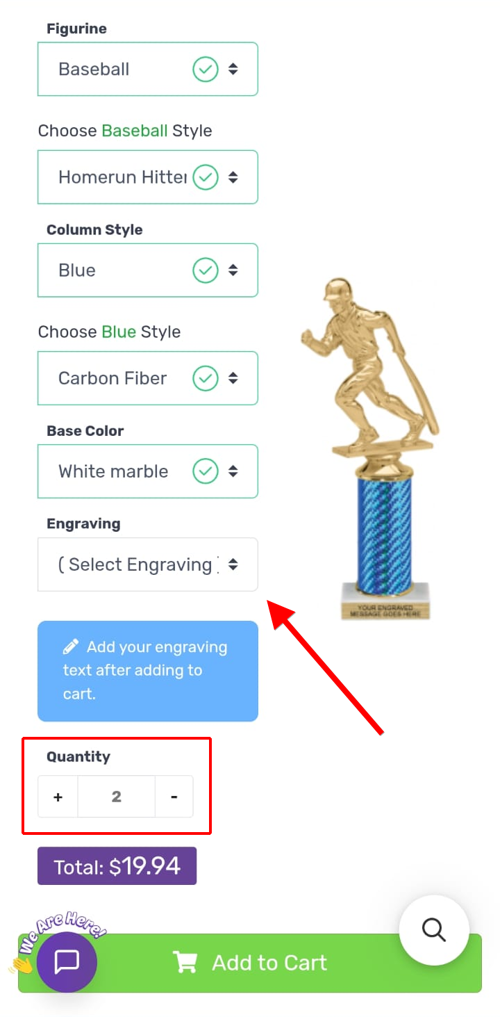 Product page Engraving dropdown with quantity