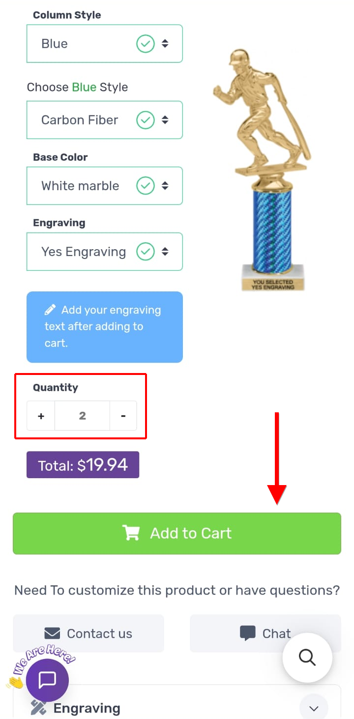 Product page with Yes Engraving and Add to Cart