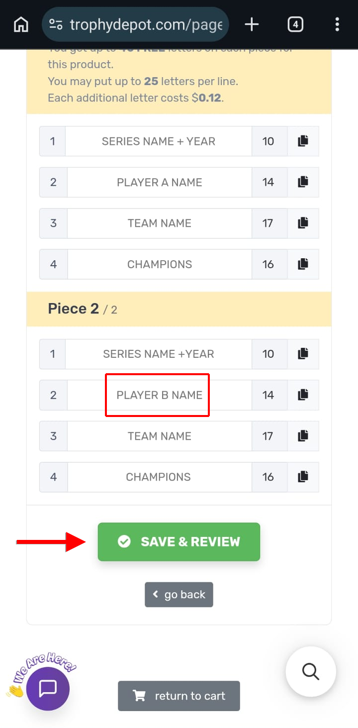 Different name typed on each piece