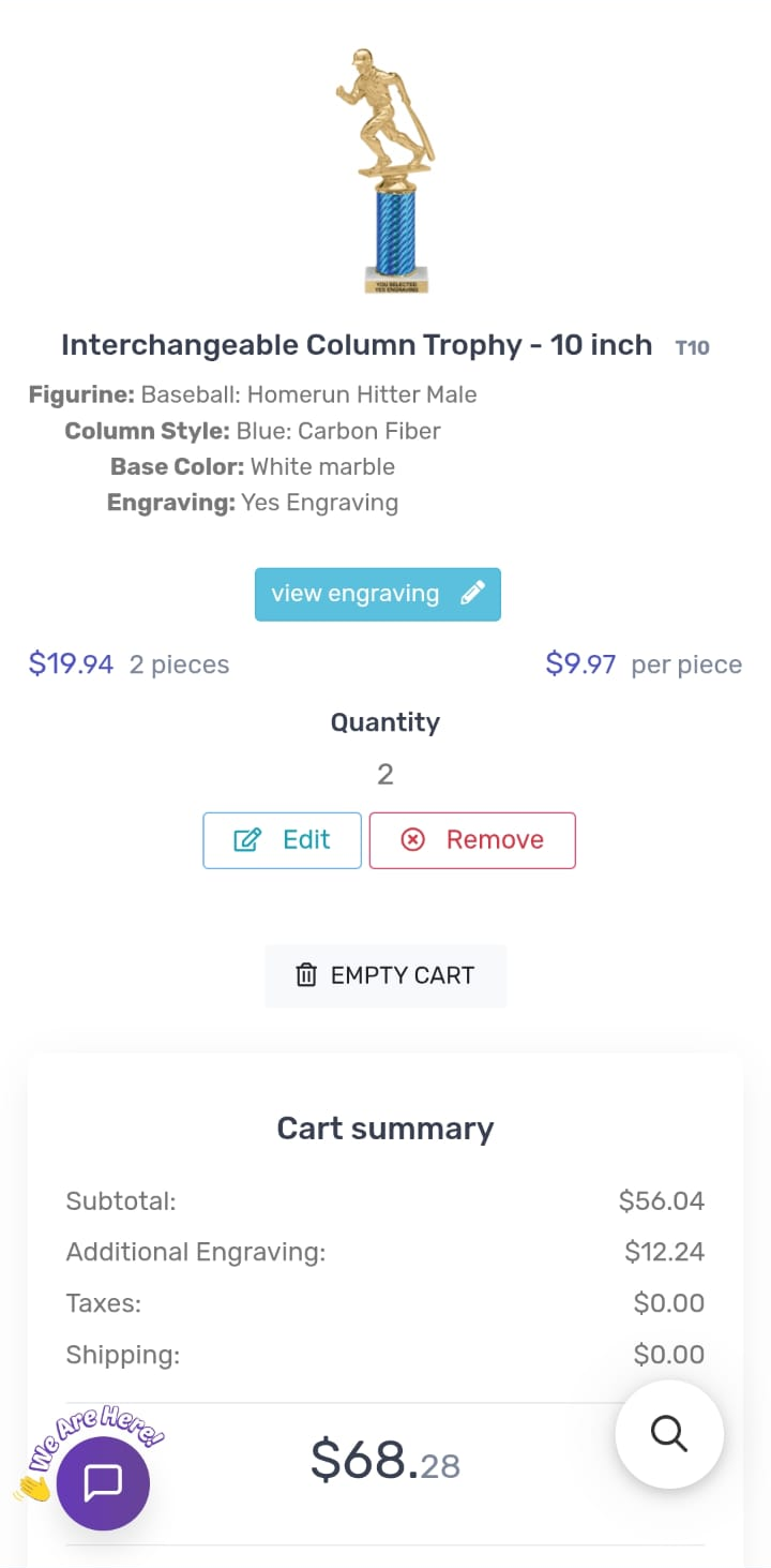 Cart summary with an Additional Engraving line